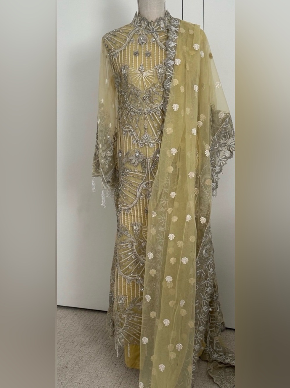 Embellished Pale Yellow Evening Dress with Silver Beading